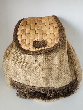 Vintage Handmade Rattan and Burlap Fringe Backpack